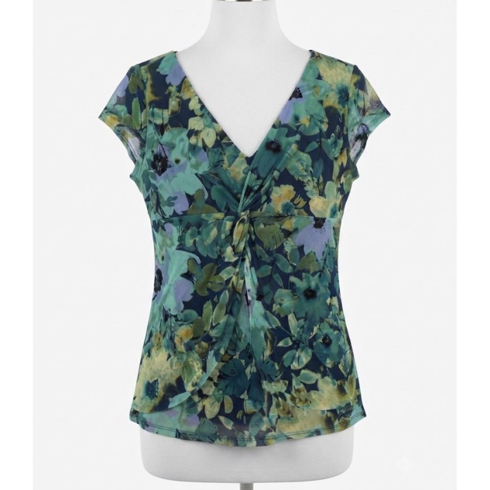AXcess Y2K Floral Babydoll Top L Whimsigoth Grunge Mesh Twist Front Green Blue